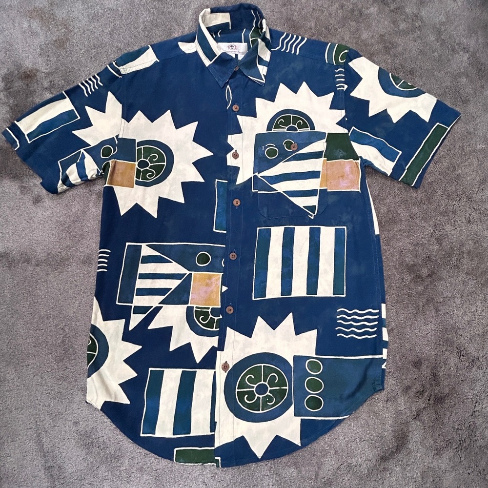 The‎ Territory Ahead Shirt Mens MT Blue Abstract Geometric Rayon Short Sleeve